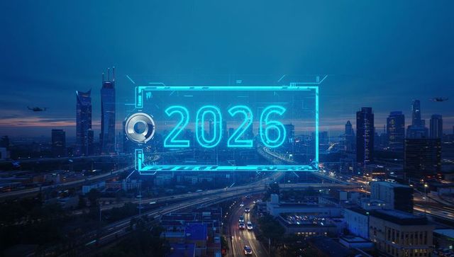 2026 Holographic HUD Hovering Over Highway Interchange at Dusk Neon Cyan City Skyline