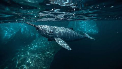 Narwhal gliding under ice edge in pristine ocean water