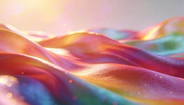 Shimmering multicolor silk waves with prismatic gloss, metallic sheen and bokeh