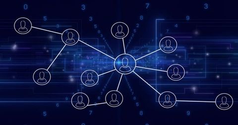 Glowing central hub connecting user nodes on blue digital circuit grid for data flow
