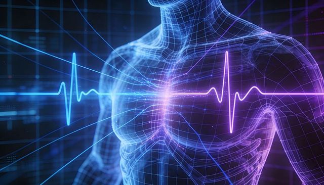 Displaying holographic wireframe torso with neon ecg waveform for medical diagnostics