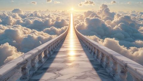Ethereal marble god walkway above clouds at sunrise