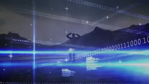 Man Engaging with Binary Code in Futuristic Landscape