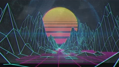 Futuristic Wireframe Landscape with Setting Sun