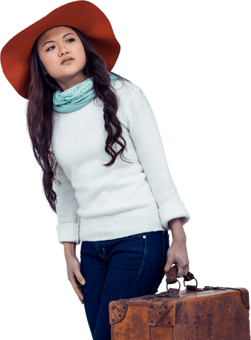 Transparent trendy woman holding vintage luggage and wearing wide-brimmed hat
