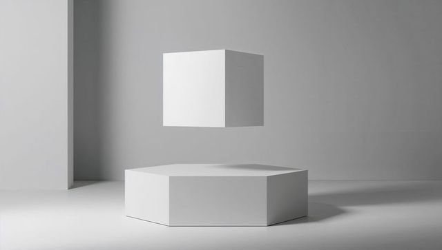 Minimalist floating white cube above hexagonal platform in studio