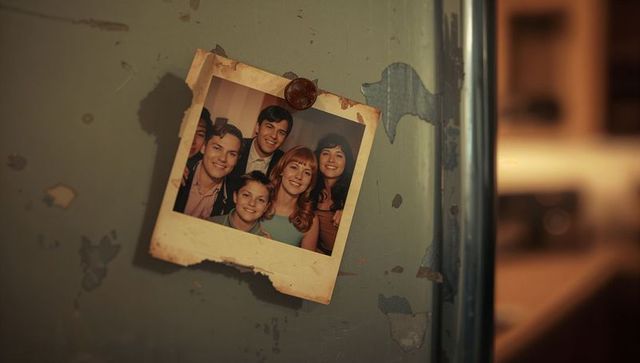 Polaroid portrait on rusty fridge capturing nostalgic family memories