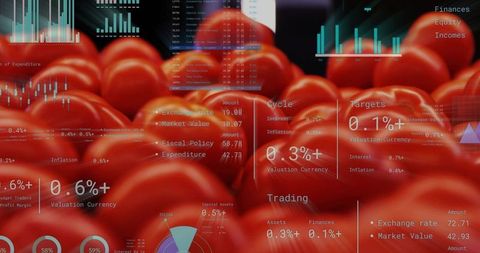 Clustered glossy red orbs with translucent financial hud overlay showing charts and metrics
