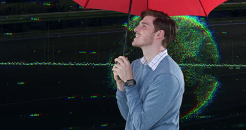 Man Holding Umbrella in Front of Digital Globe Visualization