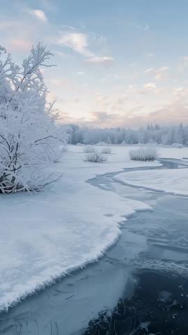 Panning across partly frozen winter stream with frosted bushes and pastel sunrise sky