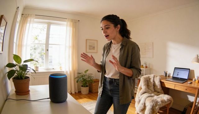 Woman talking to smart speaker in bright living room, gesturing while using voice assistant