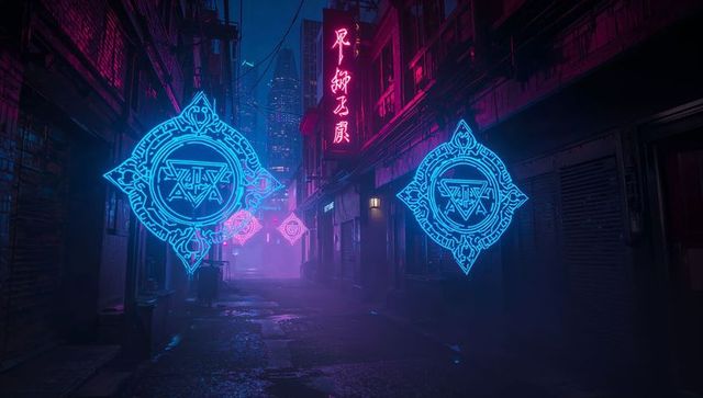 Neon Holographic Symbols in Cyberpunk City Alley at Night