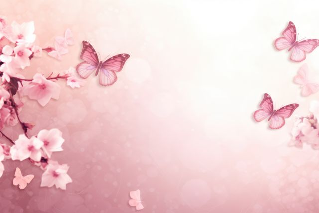 Pink butterflies and flowers on pink background, created using generative ai technology. Beauty in nature, delicacy and femininity wallpaper background concept digitally generated image.