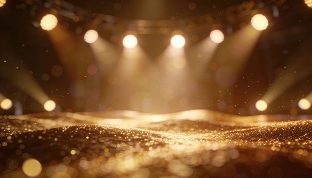Glistening Golden Glitter Surface Catching Warm Spotlights, Bokeh, Sparkle, Lensflare