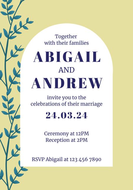 Invitation with elegant botanical design featuring blue foliage. Ideal for garden-themed or spring events. Useful for couples announcing their wedding ceremony and reception. Includes space for ceremony time, reception details, and RSVP information. The clean and stylish design makes it suitable for modern weddings.