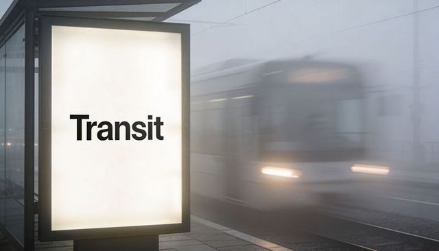 Backlit transit display at foggy urban tram stop with motion blur and headlights