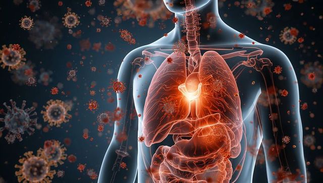 Transparent torso revealing inflamed lungs, trachea and heart with viral particles