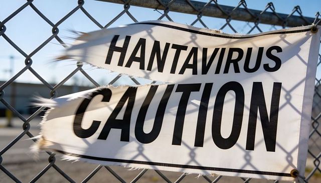 Torn hantavirus caution sign fluttering on chain-link fence at industrial perimeter lot