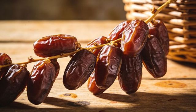Glistening medjool dates on stem displaying rustic wooden table with wicker basket