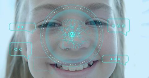 Smiling girl interacting with facial ai interface and chat bubbles for education tech