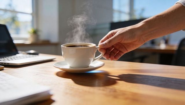 Hand lifting steaming coffee cup on sunlit wooden desk with laptop for morning work