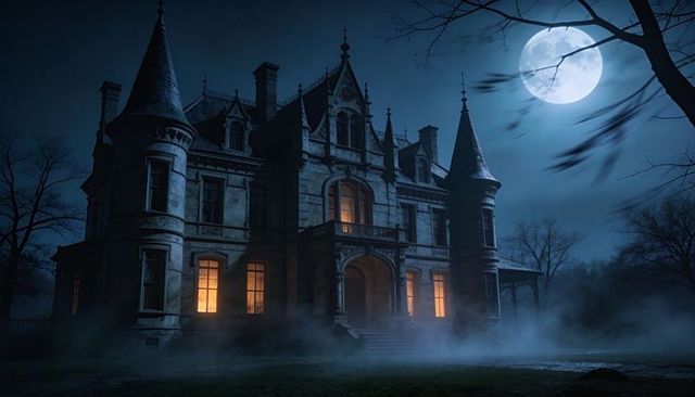 Eerie moonlit gothic mansion looming over foggy lawn, warm windows glowing at night