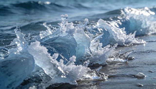 Crystal-clear blue wave crest forming glass-like splashes on sunlit wet sandy shoreline