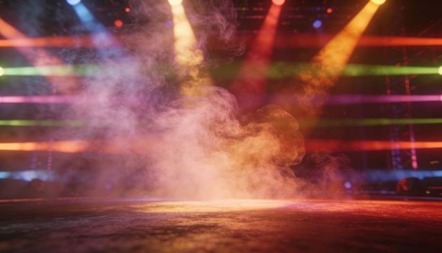 Swirling Fog Drifting Across Multicolor Concert Stage with Dramatic Spotlights