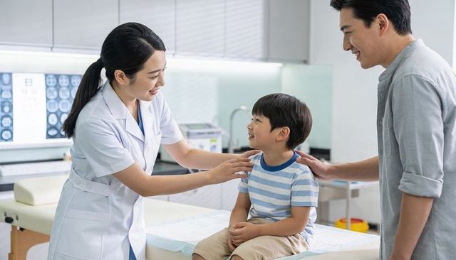 Smiling pediatric clinician comforting young boy at checkup with father present in clinic