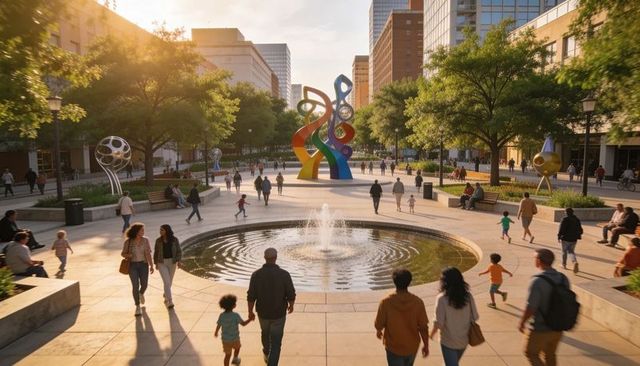 Sunlit urban plaza featuring circular fountain and colorful sculpture, families walking
