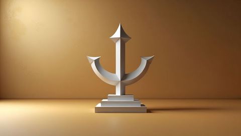 Abstract white geometric sculpture with tri-arrows on tan backdrop