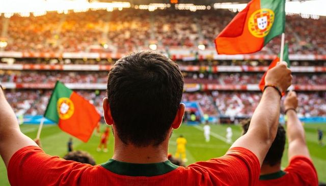 Portuguese football fan raising flag in packed stadium during international match