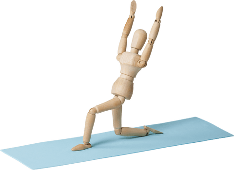 Transparent Wooden Mannequin Doing Yoga Pose on Blue Mat