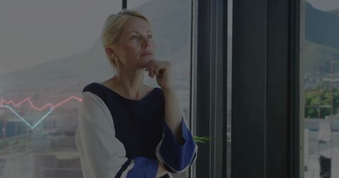 Thoughtful Businesswoman Gazing at Modern Cityscape with Data Visualization Overlay