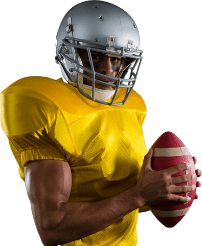 Confident american football player holding ball on transparent background