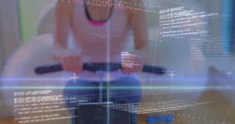 Athletic woman rowing with digital code overlay