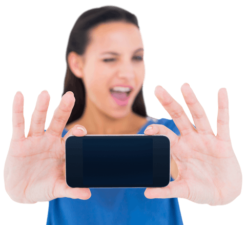 Smiling Brunette Woman Holding Mobile Phone Against Transparent Background - Download Free Stock Videos Pikwizard.com