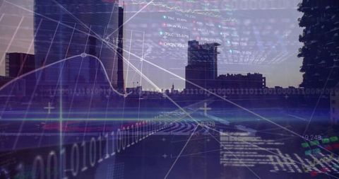Urban skyline merging with data streams and binary graphs at dusk