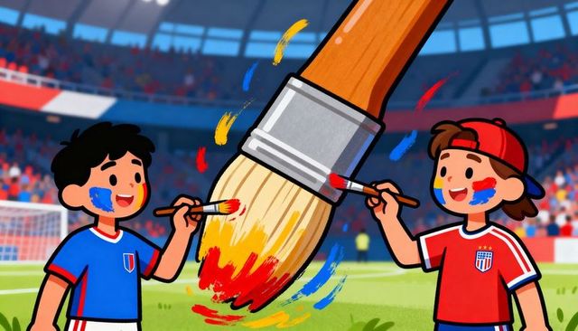 Kids painting giant brush on soccer pitch celebrating team spirit and creativity and unity