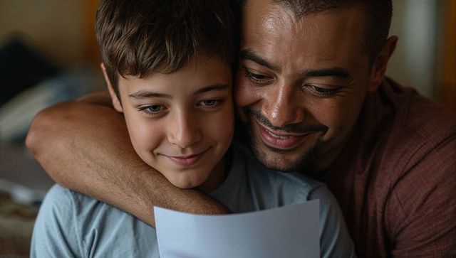 Father and son reading together sharing warm bond and smiles at home