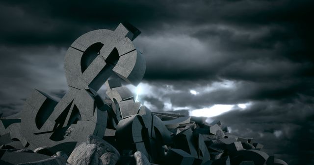 A pile of three-dimensional letters and an ampersand symbol are set against a dramatic cloudy sky, suggesting a concept of disorganized information or communication chaos. The image evokes a sense of disorder in the realm of language or data.