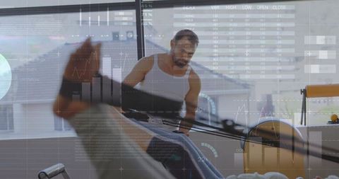 Fitness Trainer Assisting Woman on Leg Press with Digital Metrics Overlay