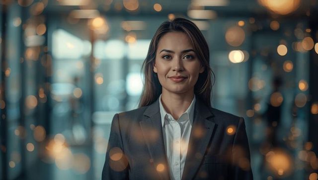 Confident businesswoman standing in corporate lobby wearing gray blazer and white shirt