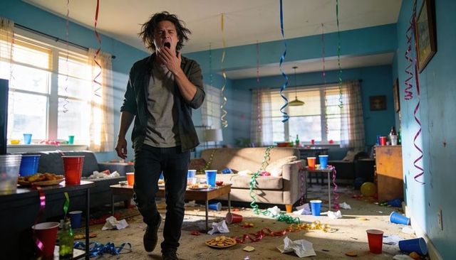 Yawning man walking through messy afterparty living room with sunlight streaming