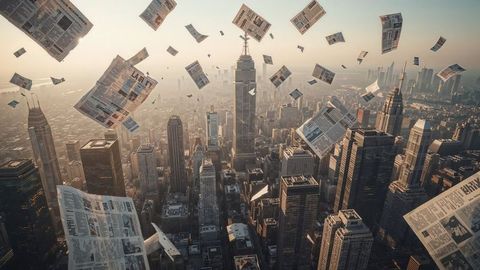 Breaking news: floating newspapers over urban skyscraper cityscape at sunset