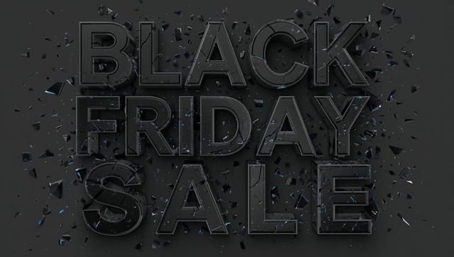 Black friday sale shattering glass typography with blue shards high contrast 3d