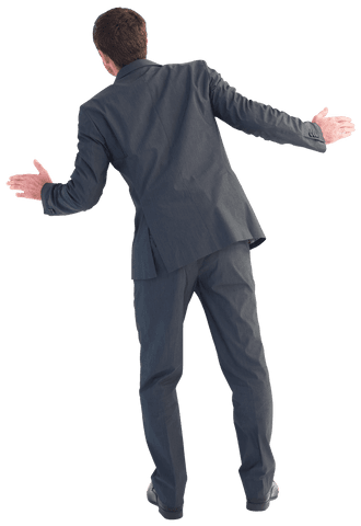 Back view businessman in suit with outstretched hands transparent background