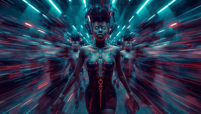 Cyberpunk warrior with futuristic glowing tattoos leading team