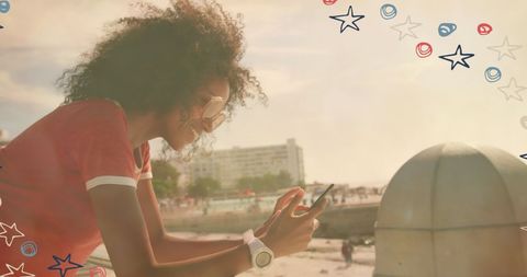 Woman Checking Smartphone by Sunny Beach