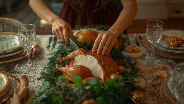 Elegant feast with turkey being carved in rustic setting